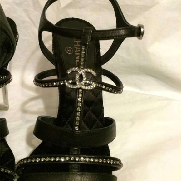 CHANEL 14C Leather Crystal Jewel CC Strappy Sandal Lucite PVC Heel Shoes - Picture 6 of 12